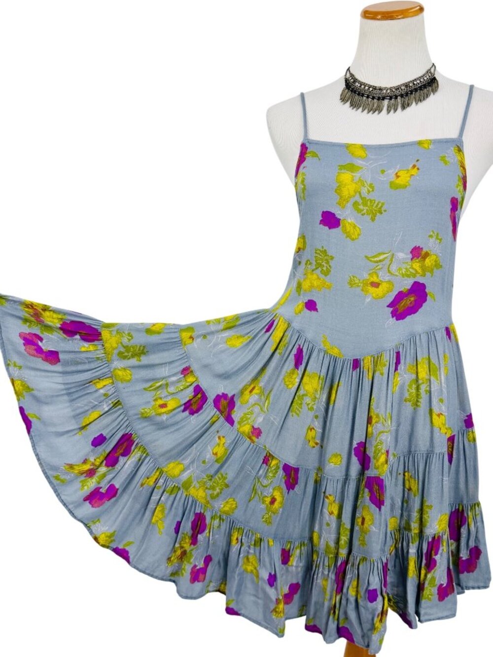 Free People Floral Strappy Lace Up Back Ruffle Hem Mini Dress S| Balletcore Boho - Picture 6 of 16
